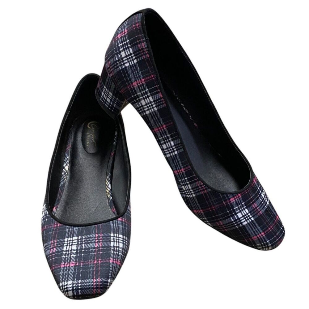 COMFORT EST 1946 Women's Plaid Pumps Fabric Shoes Fabric Block Heel Sz 9M